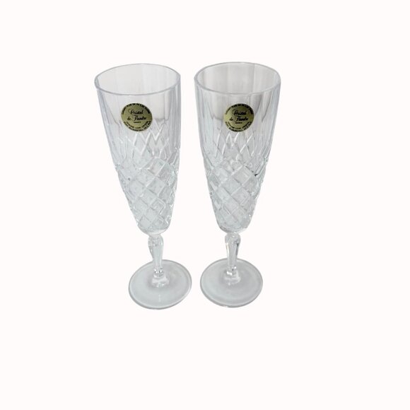 French Crystal Champagne Glasses VTG Set of 2 Cristal De Flandre Flutes Stemware - Picture 5 of 15